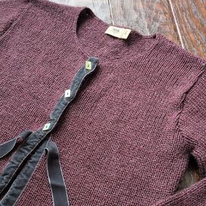 OONA I Boxy-Fit Plum Purple Knit Sweater Cardigan with Grey Velvet Ties, M/L